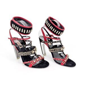 Valentino Garavani Rockstud Crystal Caged Sandal Heels Black Red Size 38 US 8